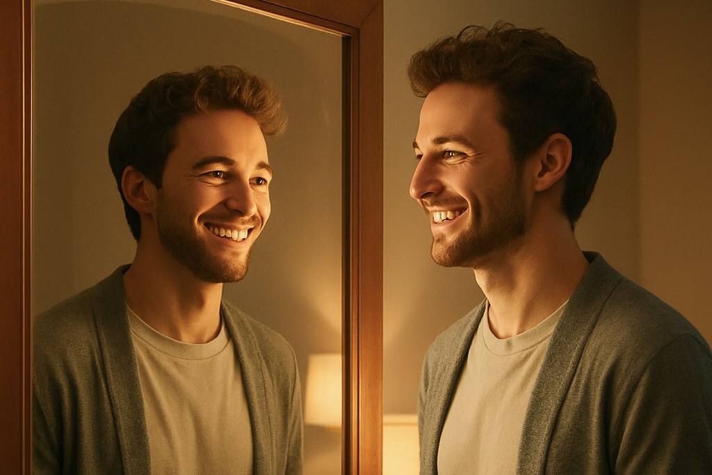 Person talking to their reflection, symbolizing inner dialogue and intelligence